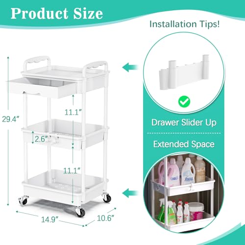 SUNALLY 3 Tier Rolling Cart with Drawer - 2