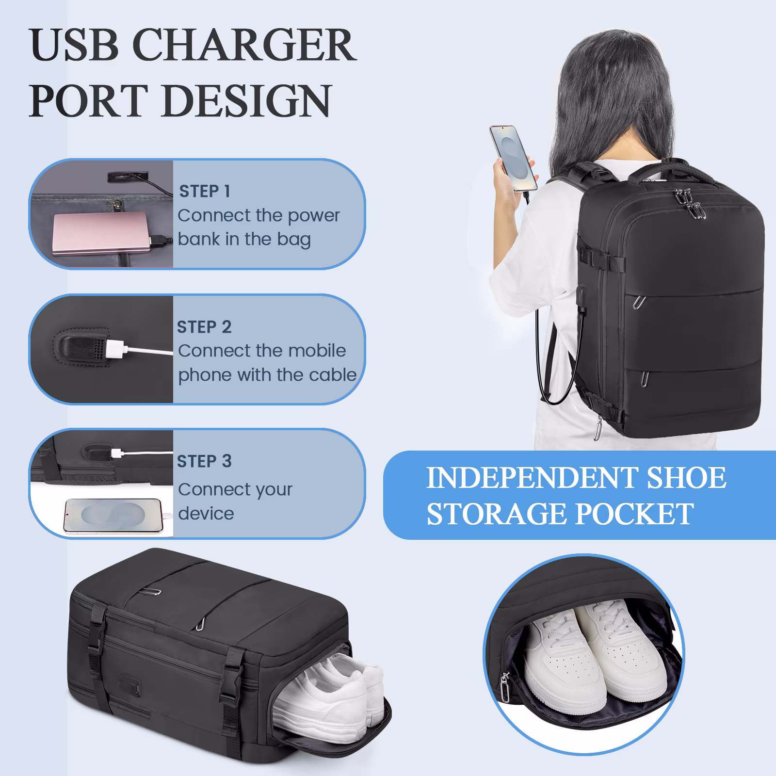 DAKOMM 17.7" Travel Backpack with USB Port & Shoe Compartment - 5