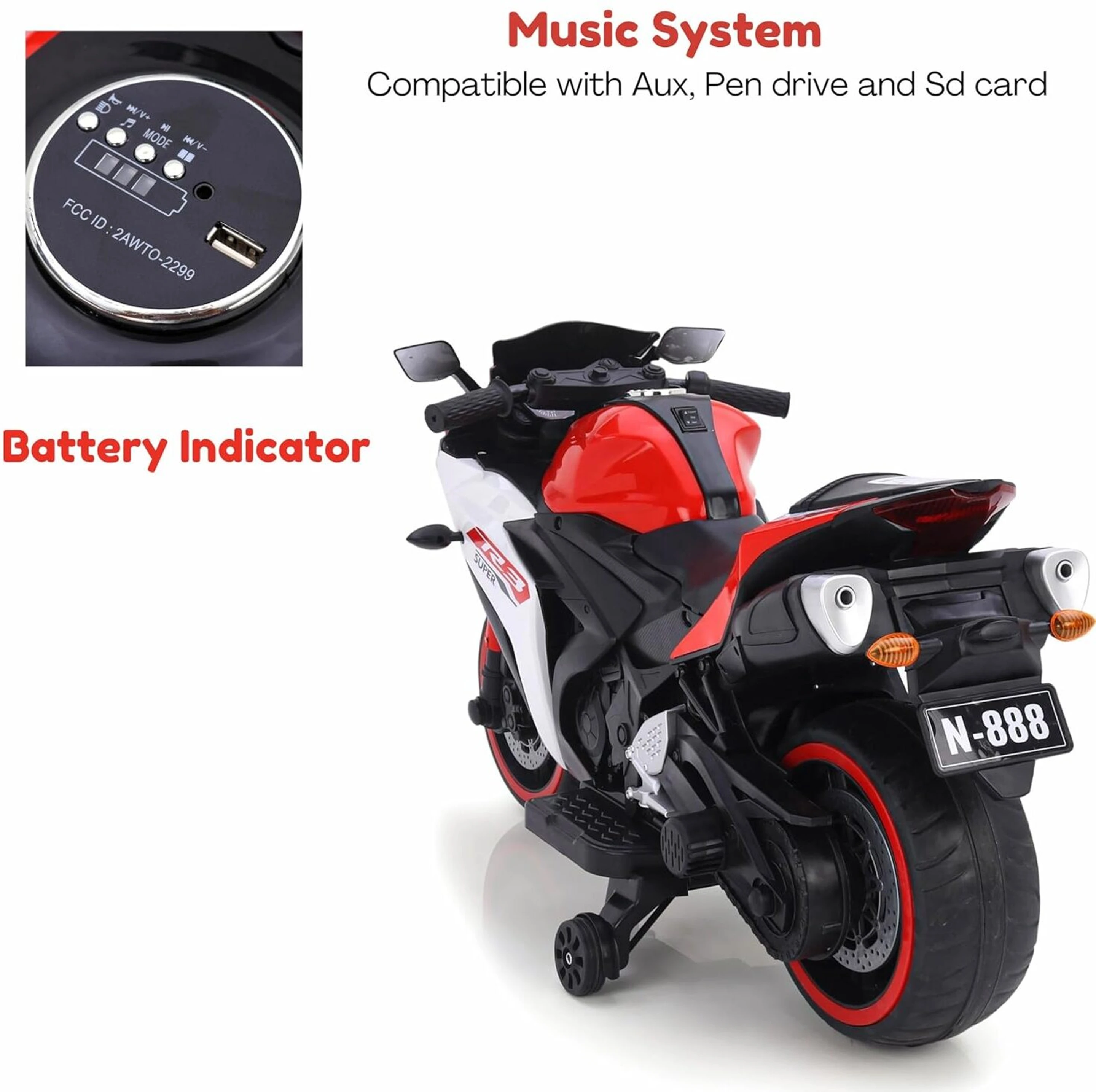 Shipeeship Rechargeable Electric Ride-On bike Bike Battery Operated Ride On (Red) - 3