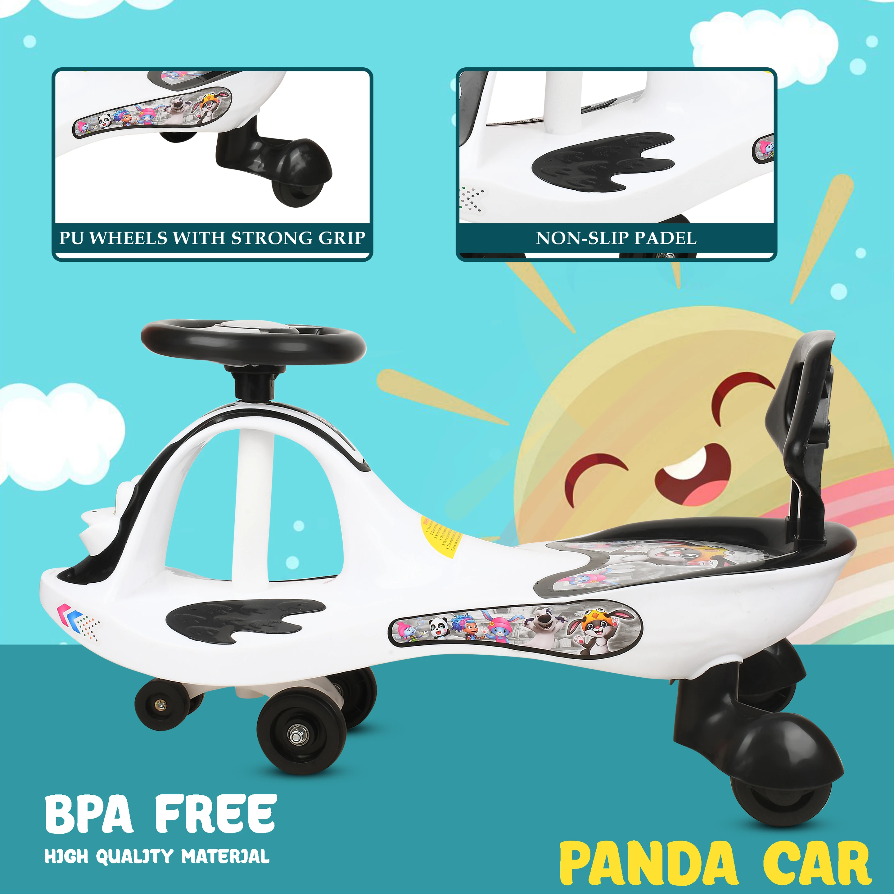 TOYSHOPPEE Black & White MAGIC CAR FOR KIDS TWISTE Car SENIOR WITH MUSIC AND BACK SUPPORT CC Froggy B/W Tricycle (Black, White) - 3