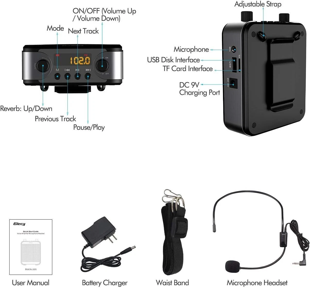 Portable Voice Amplifier, 30W 2800Mah Bluetooth Rechargeable Personal Voice Ampl - 3